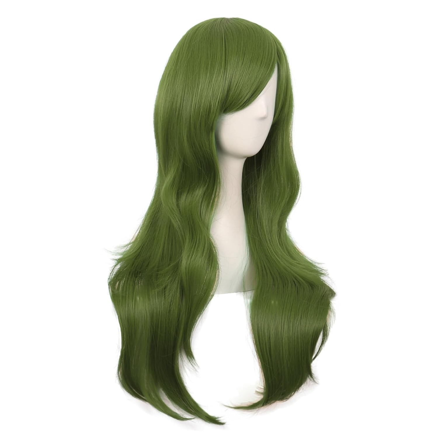 Long Curly Cosplay Wig for Women with Side Bangs 28 Inch Olive Green Synthetic