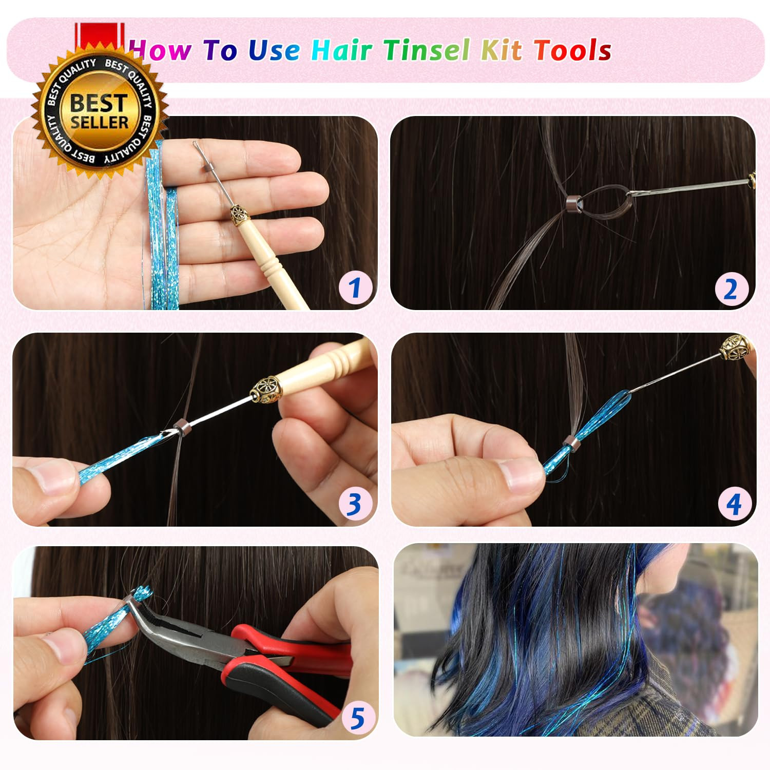 Hair Tinsel, 24 Colors 9800 Strands Hair Tinsel Kit with Tools 48 Inch Glitter T