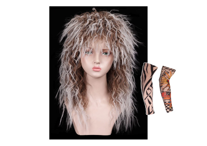 Long Cruly Wig 25 in with 2 Tattoo Sleeves for Women Blond/ Brown 80s Front Look