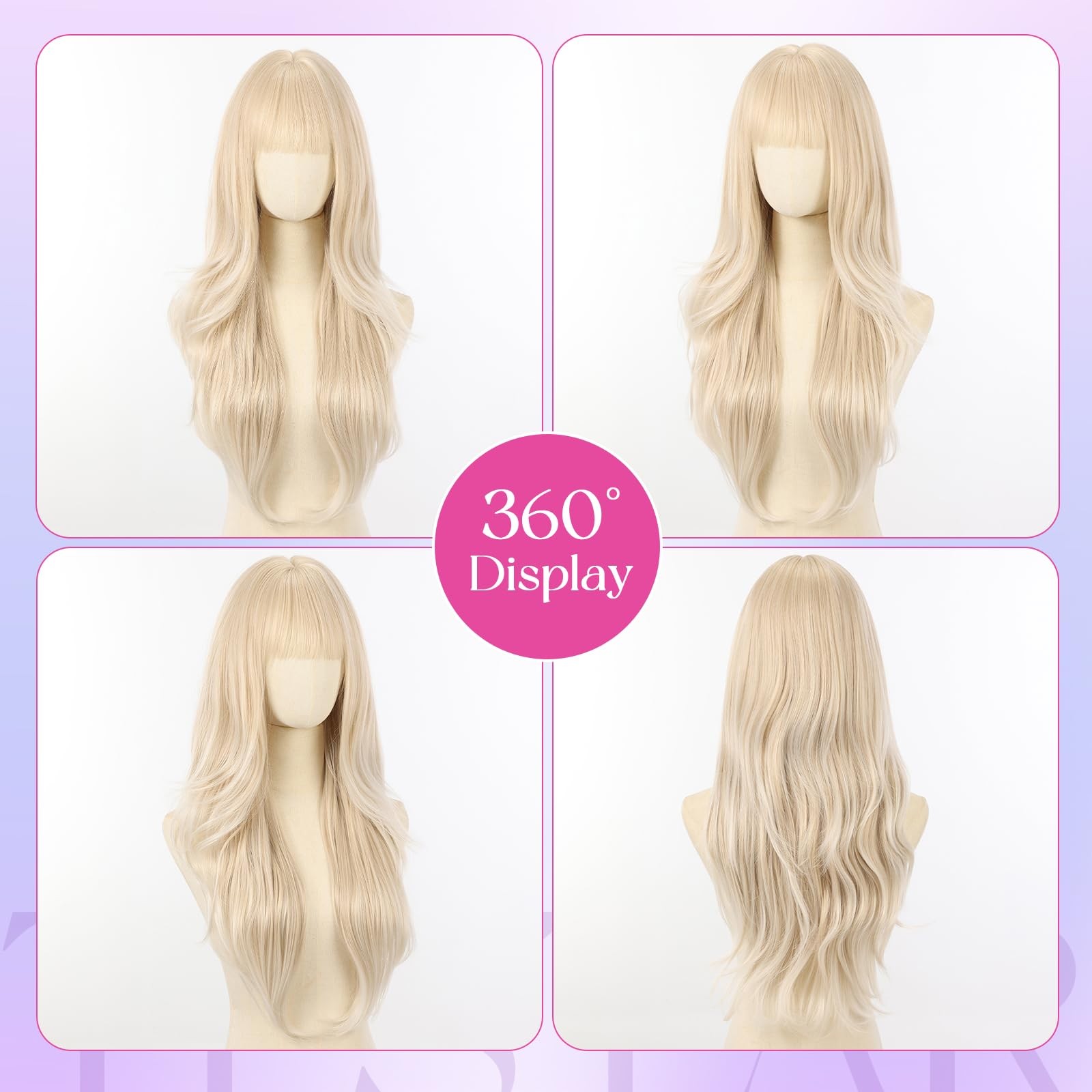 Blonde Long Wavy Wig with Bangs for Women Natural Synthetic Layered Heat Resi…