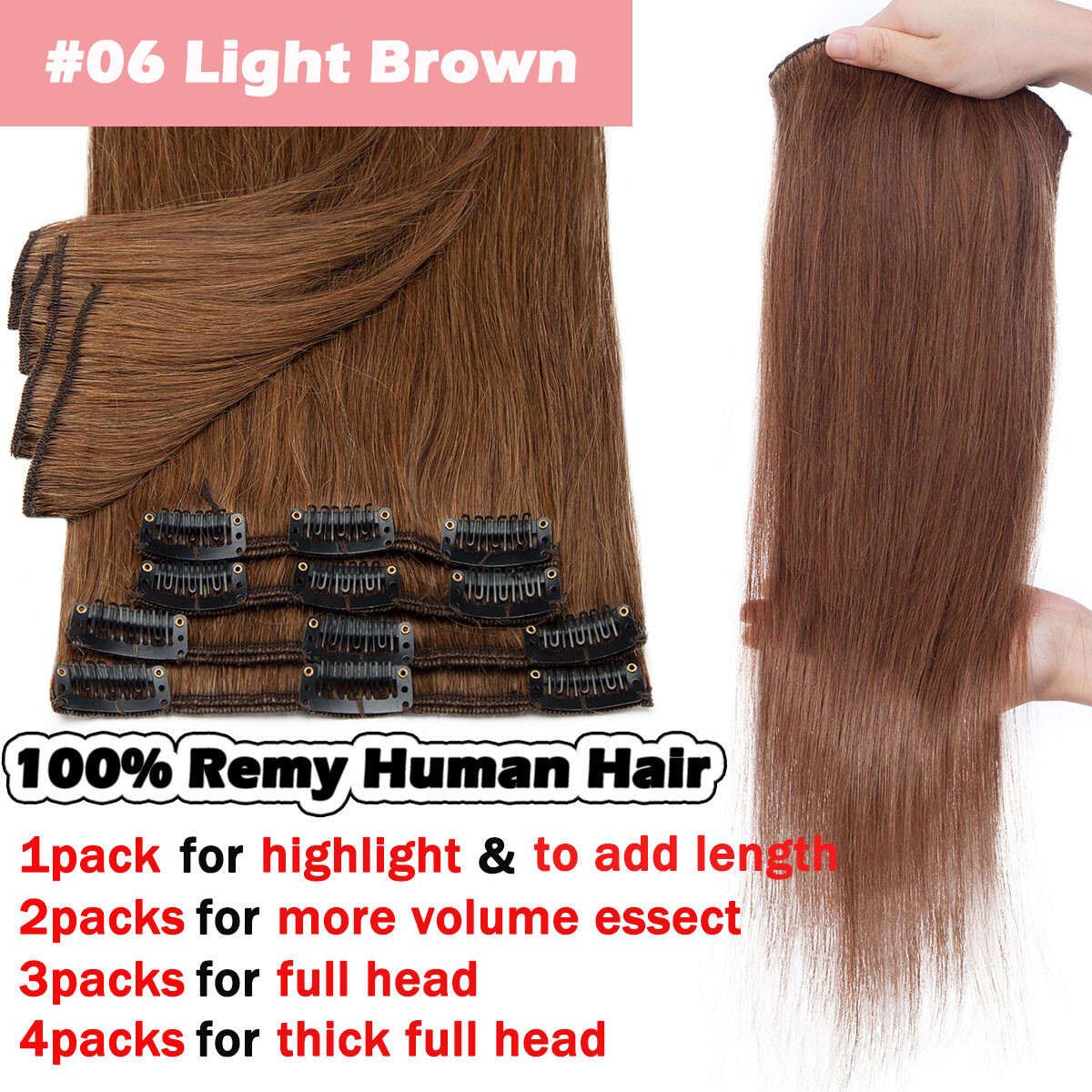 CLEARANCE Clip In 100% Human Hair Extensions 8 PIECES Standard Full Head Weft US