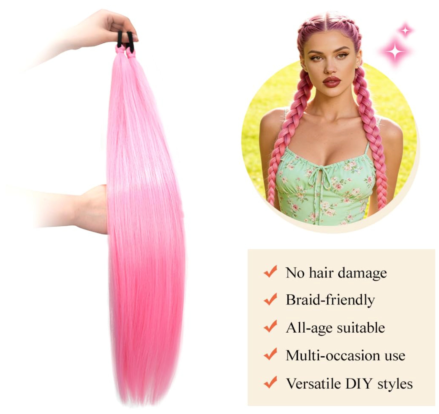 Braid Ponytail Extension with Elastic Tie 2 Packs 26 Inch Pink