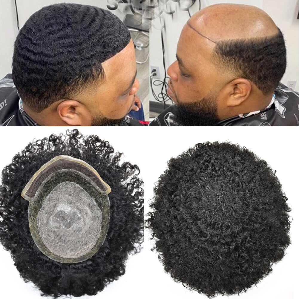 Afro Curl Mens Toupee Lace Front Poly Hairpiece African American Human Hair Unit