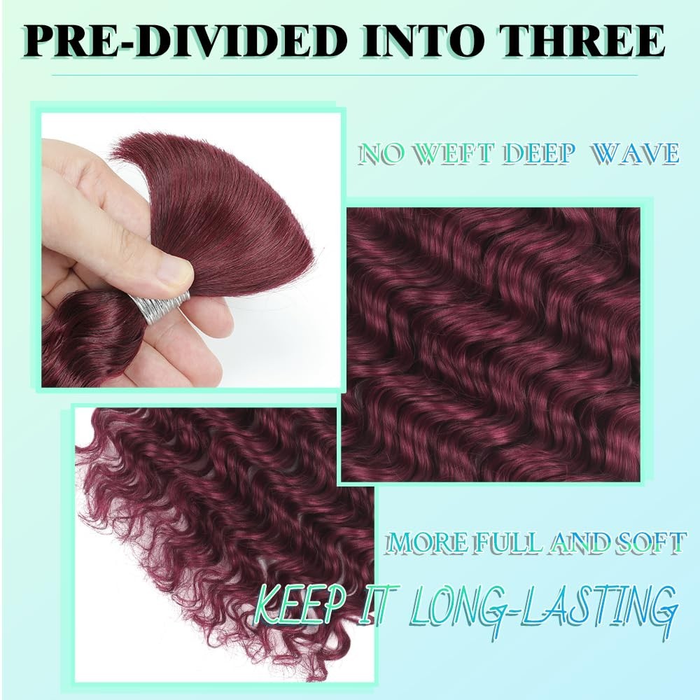 Elegant 99J Burgundy Human Hair for Boho Braids – 18 Inch Deep Waves, 6 Bundles