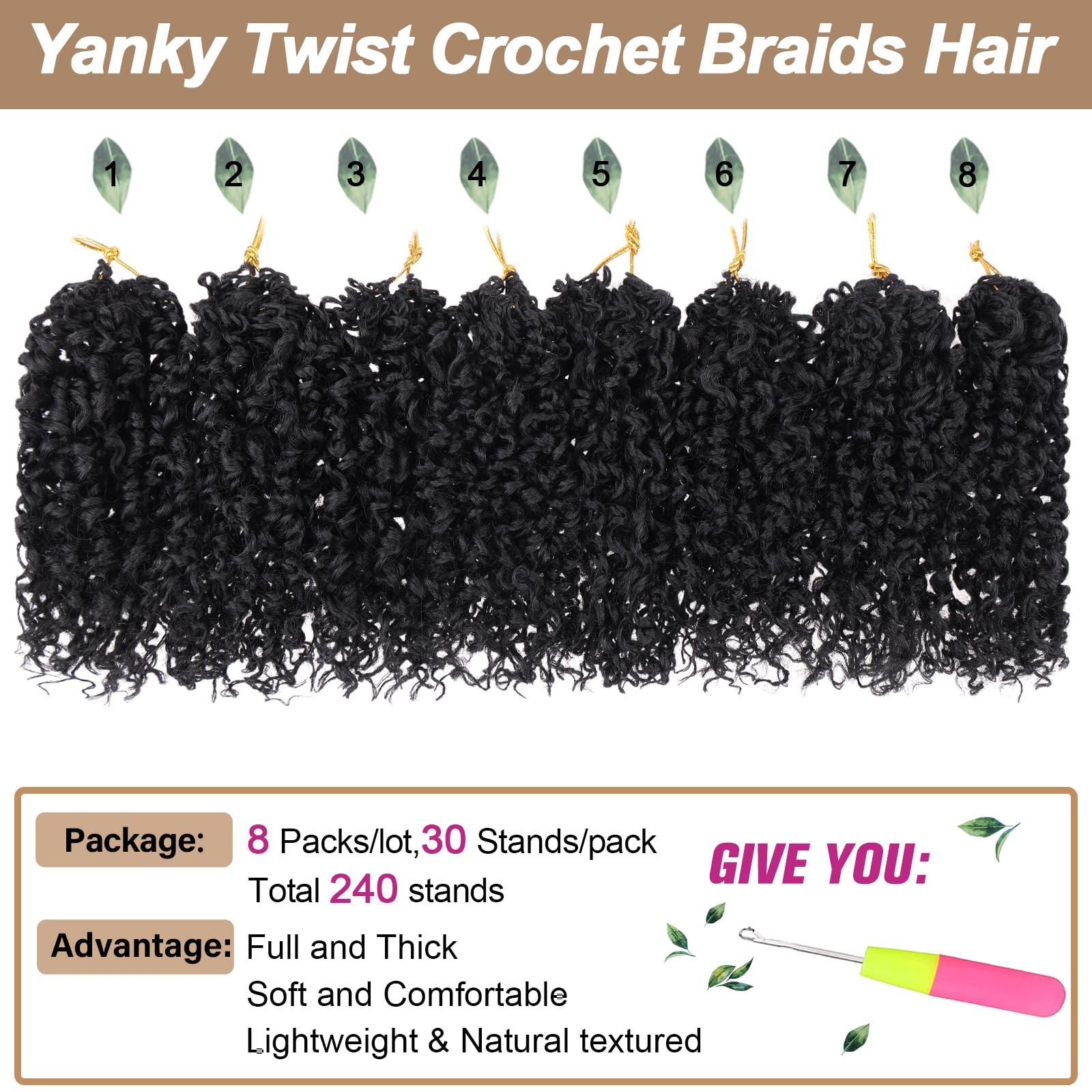 6 Inch 8 packs Pre-looped Yanky Twist Crochet Hair for Women Natural Black Pr…