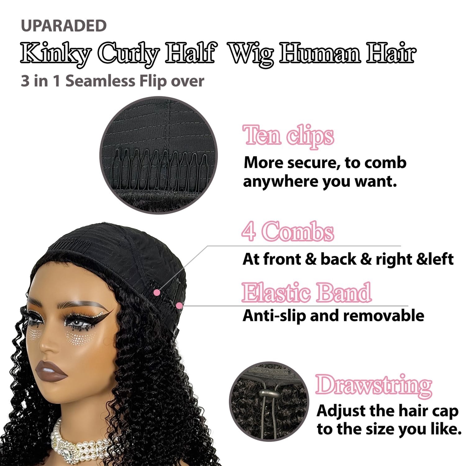 Kinky Curly Half Wig Human Hair Upgrade 3 In 1 Half Wig With Drawstring No Lace