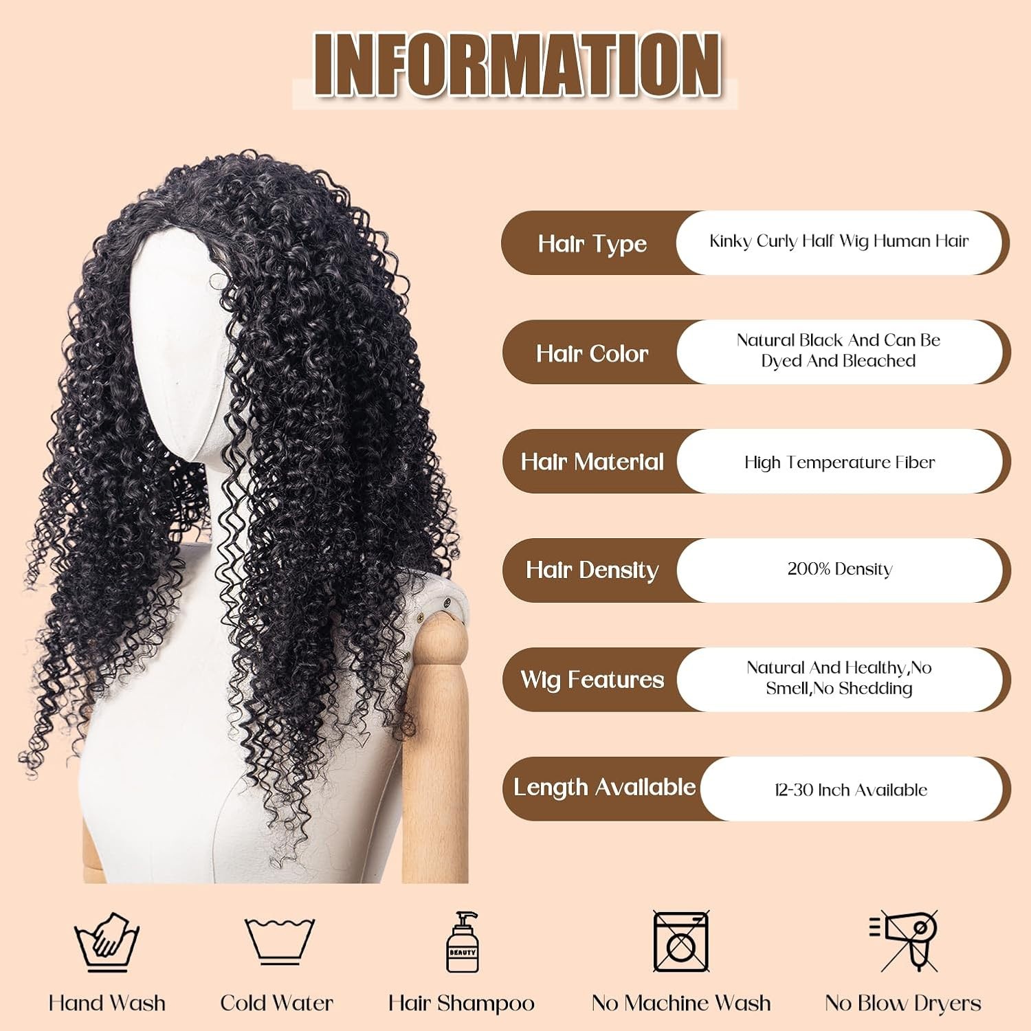 3 in 1 Half Wig Synthetic Hair Headband Wig for Women 1B, 16-26inch, Kinky Curly