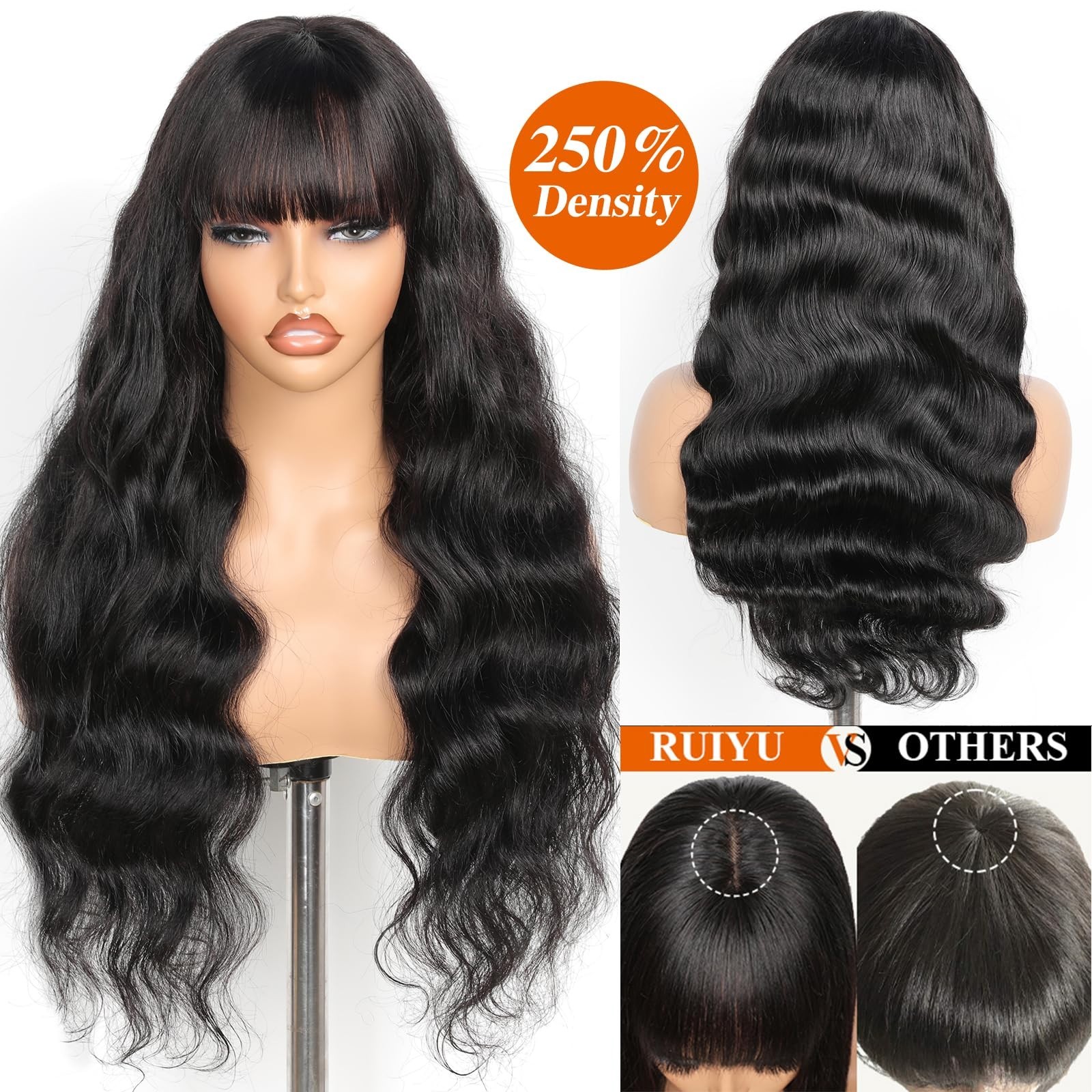 250 Density 20″ Body Wave HD Lace Front Wig with Bangs – Glueless, Human Hair fo
