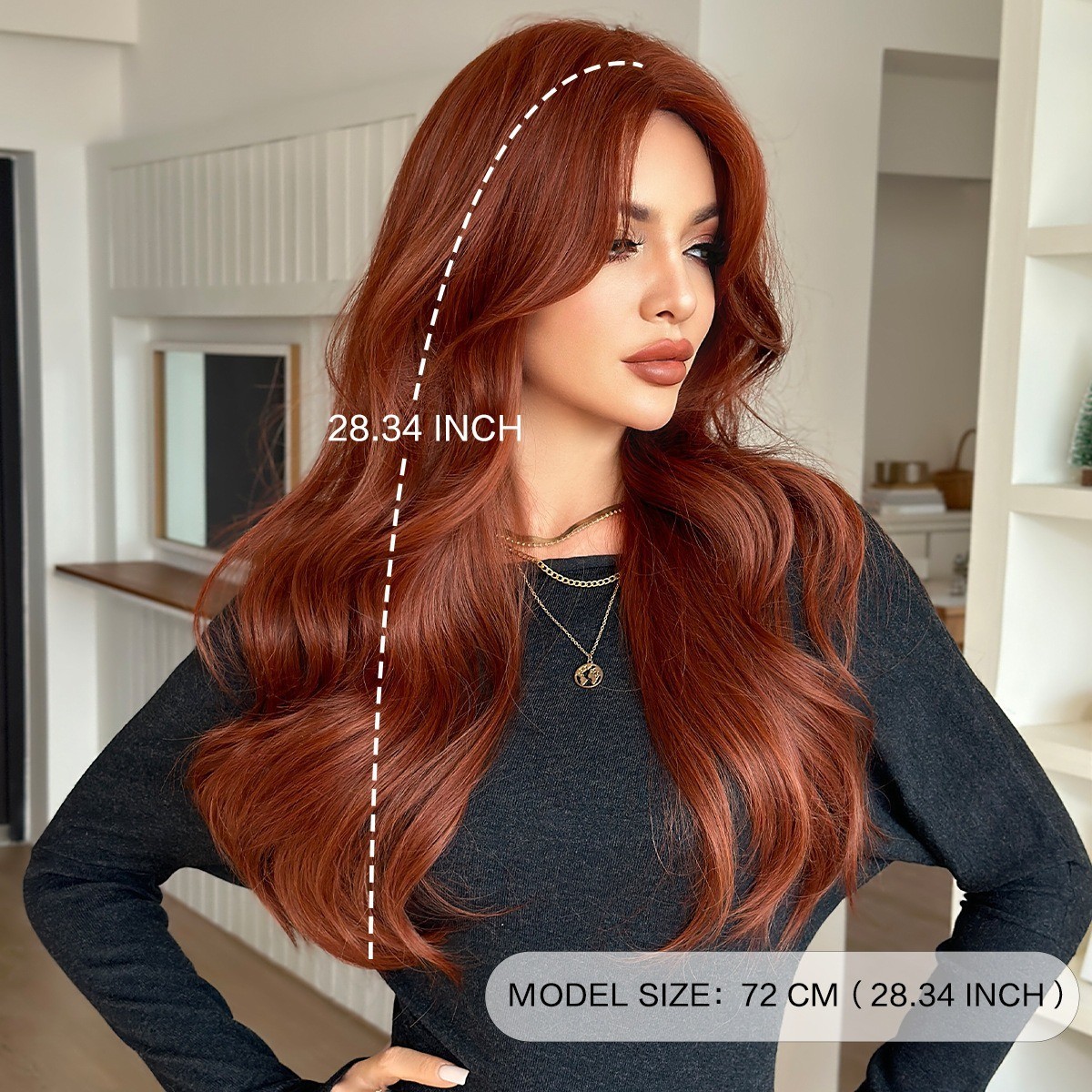 Wig with orange-red curly bangs long hair big waves fluffy texture