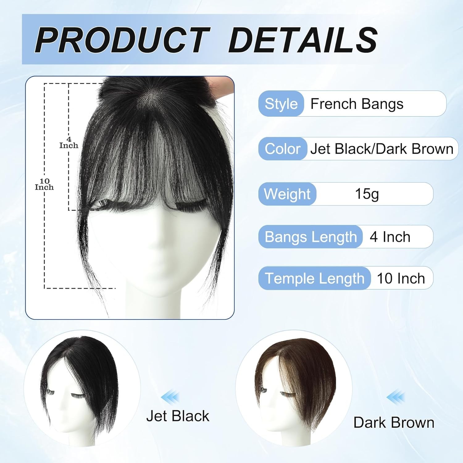 Clip in Bangs Human Hair Topper for Woman Hand-Tied French Lace Jet Black 10in