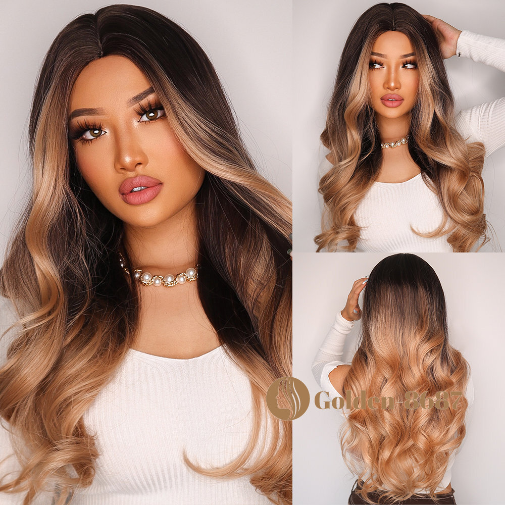 Fanshion Long Wavy Ombre Brown Light Blonde Synthetic Wigs for Women Hair Wig US