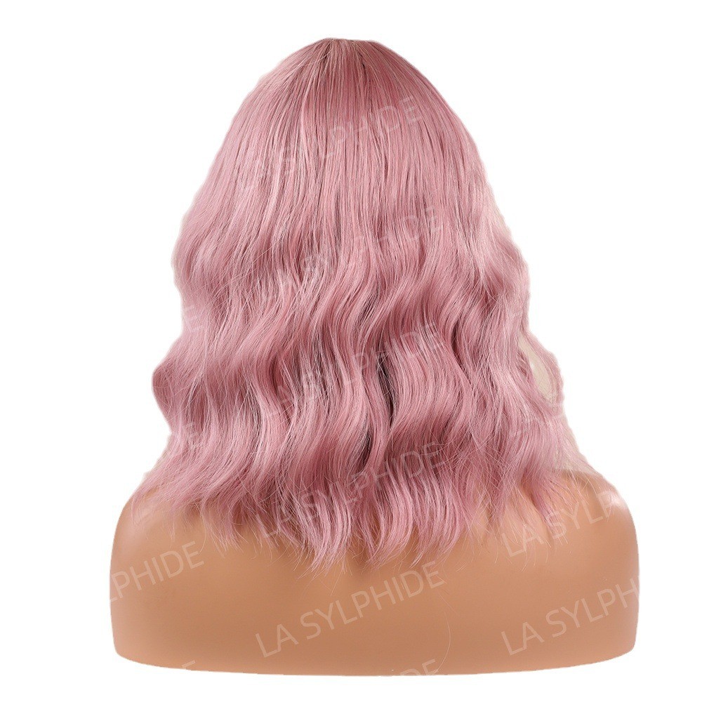 High Crown Brown Short Water Wave Wig with Bangs for Women Multicolor Synthetic