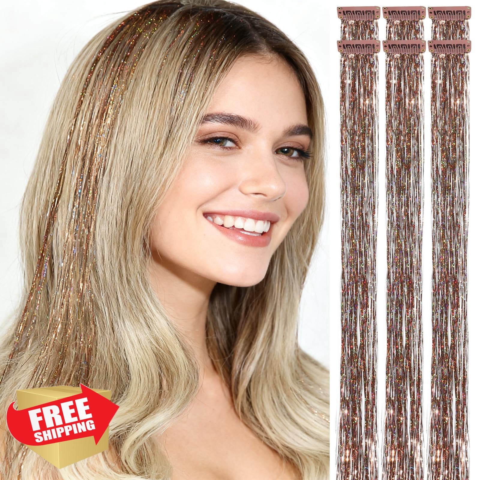 Coffee Brown Hair Tinsel Clip-in 24″ Heat Resistant Natural Hair Highlights 7…