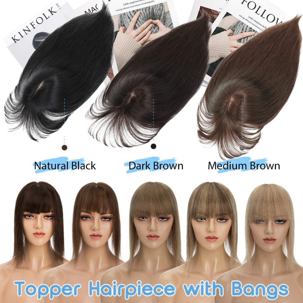 100% Human Hair Haipiece Clip In Topper Hair Piece Toupee Mono Base with Bang US