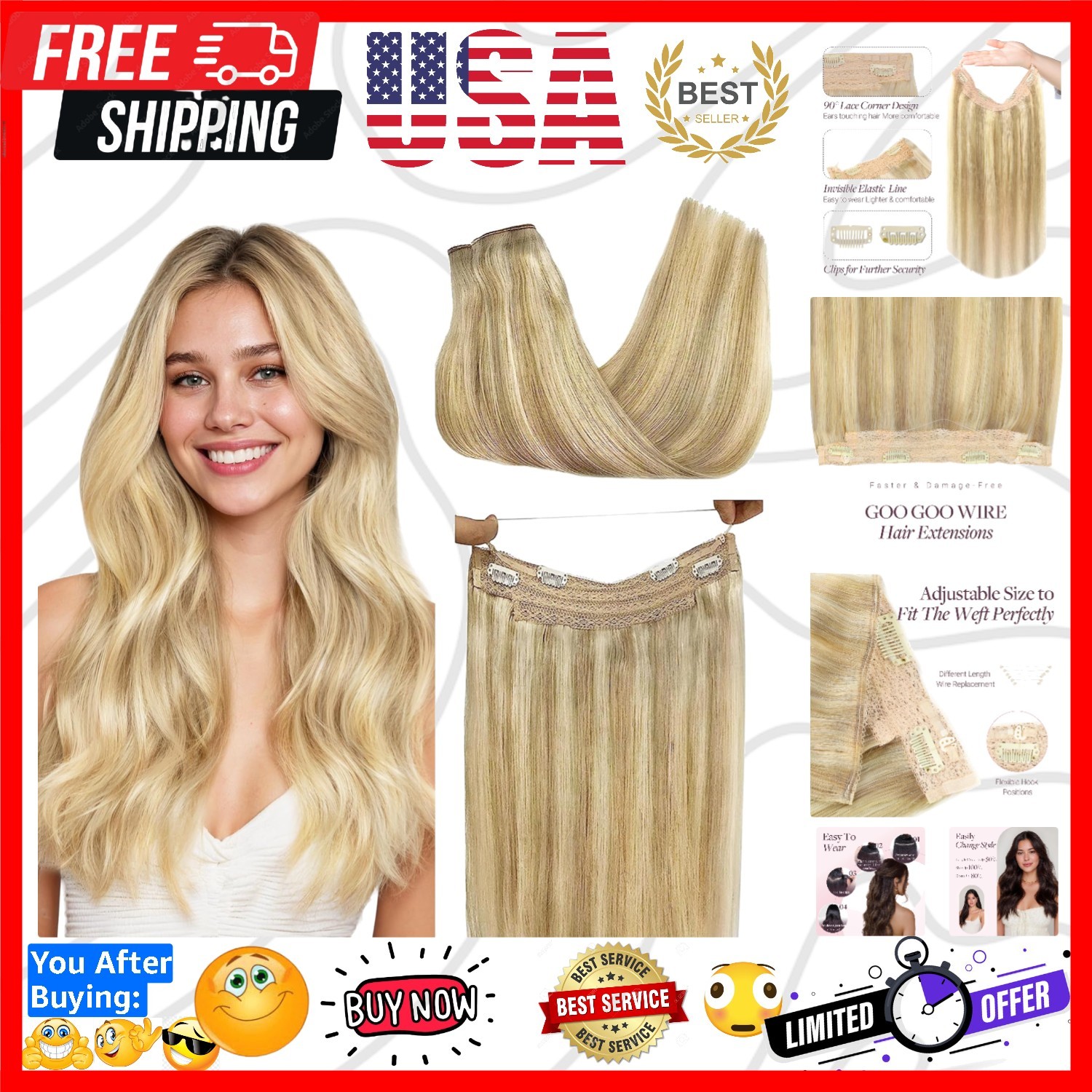 Wire Hair Extensions Human Hair, 16/22 Light Blondewith mix Golden Blonde Hig…