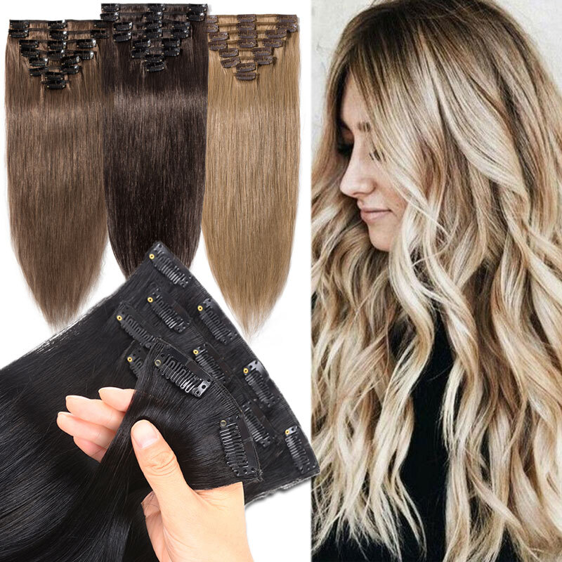 8-24In Long 100% Human Hair Extensions 8 Pieces Clip In Real Remy Hair FULL HEAD