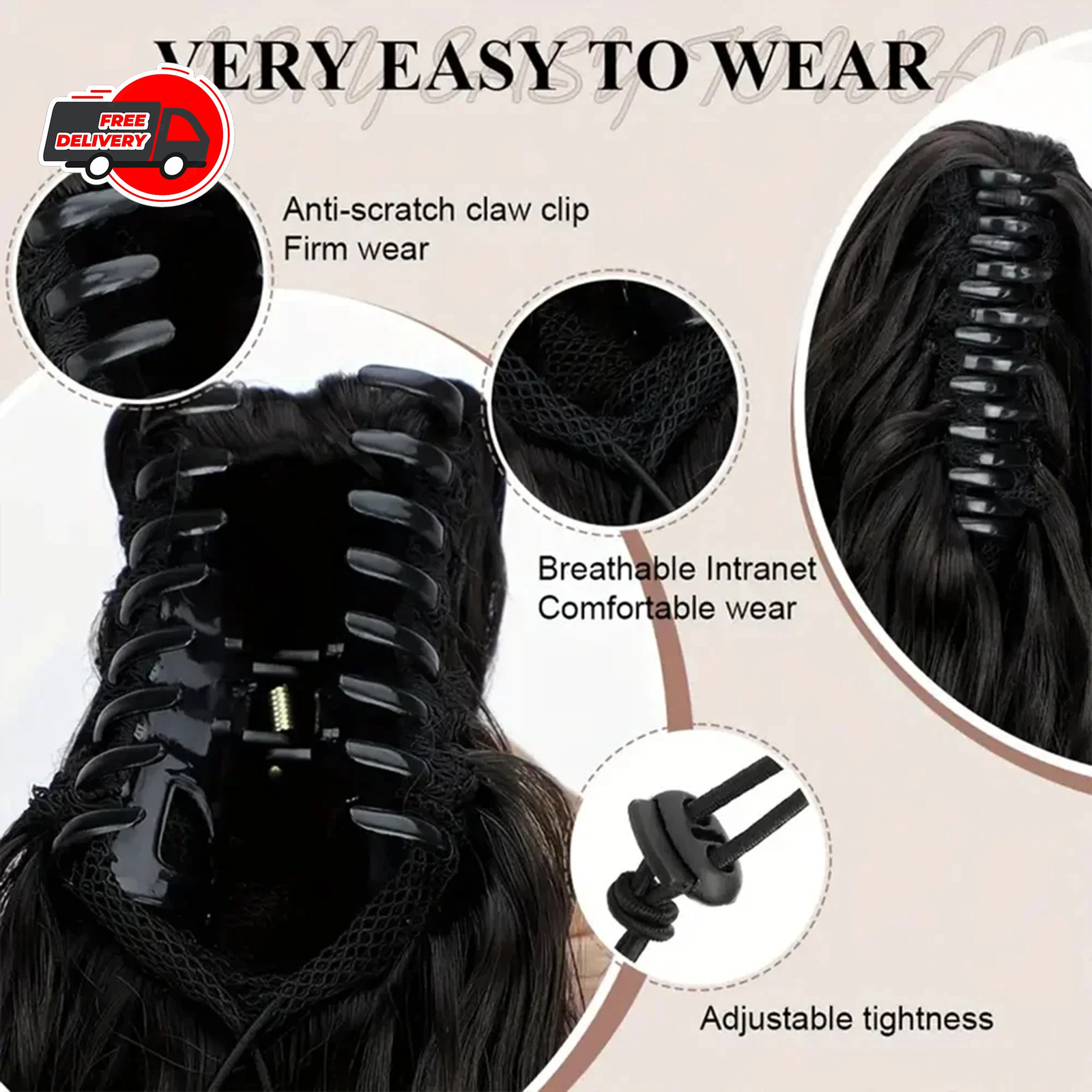 Black Brown Long Wavy Curly Synthetic Claw Clip In Ponytail Fake Hair Extension