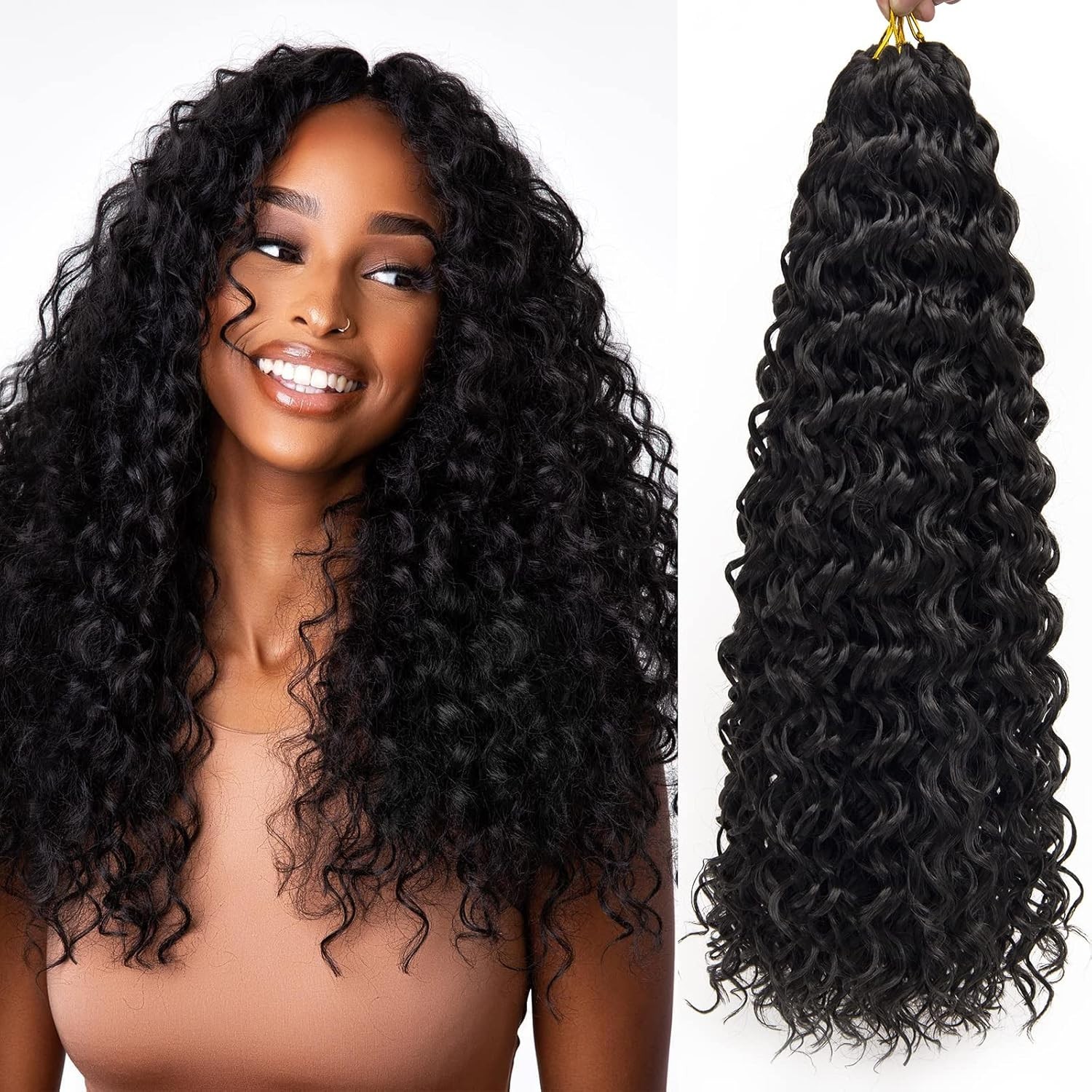 GoGo Curl Water Wave Curly Crochet Hair – 18 inch, Pack of 6 in 1B Natural Black