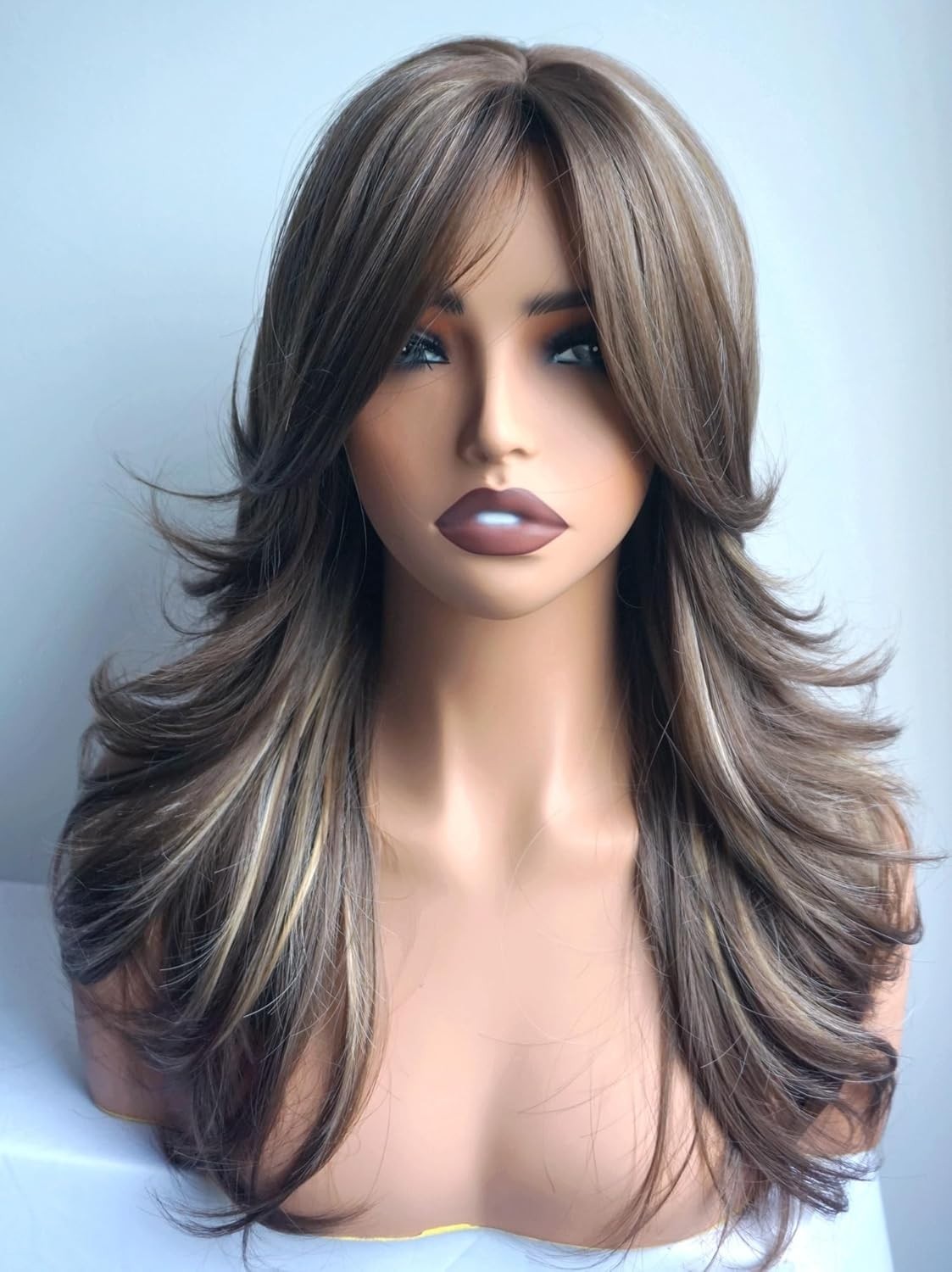 Heat-Stylable Layered Wig with Natural Hairline in Brown Blonde Highlights