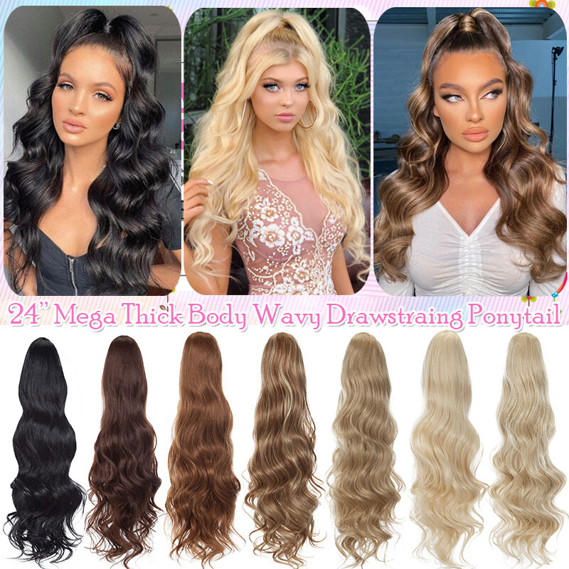 Extra Thick Drawstring Ponytail Clip In Hair Extensions As Human HAIR Brown Wavy