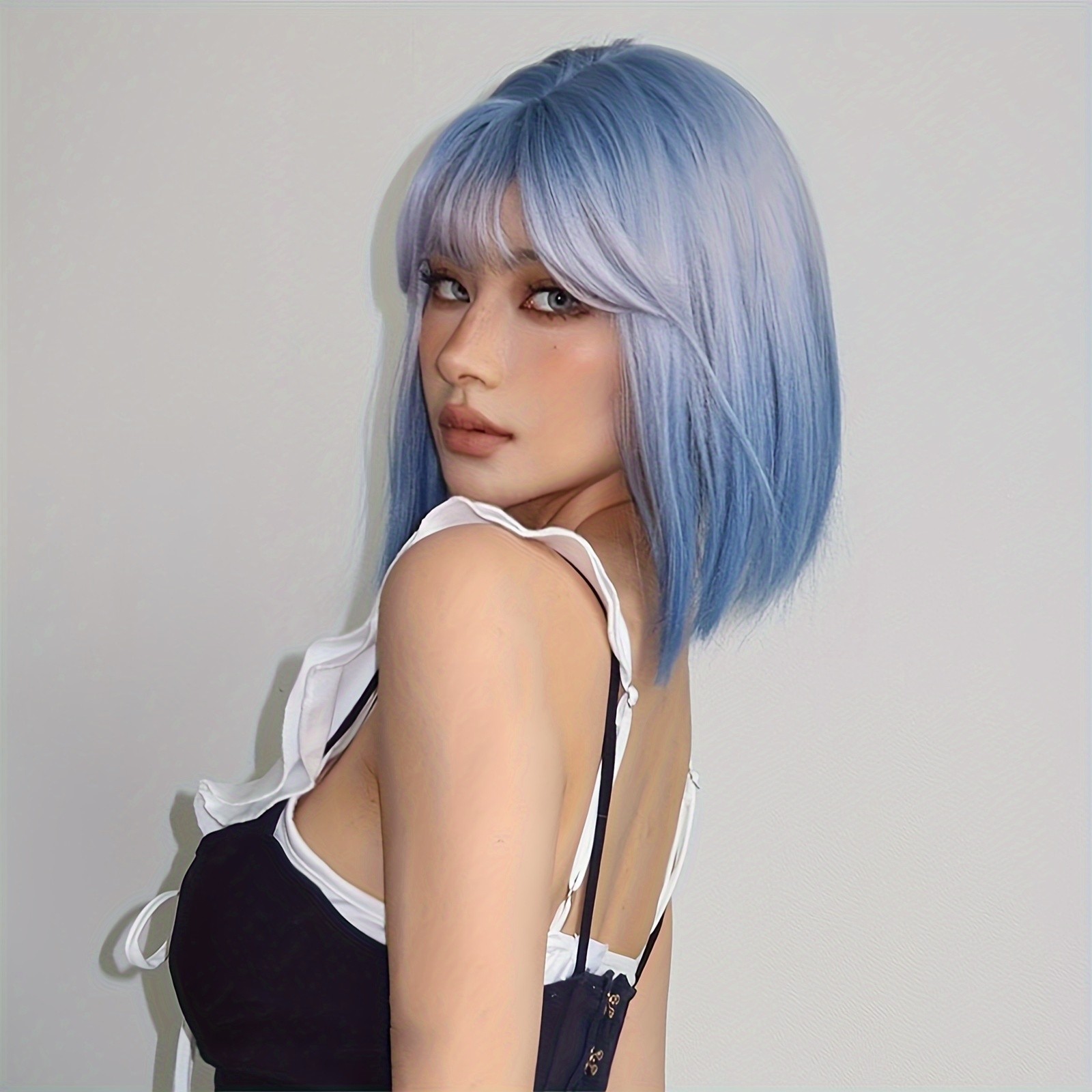 12in Blue Grey Ombre Short Bob Wig Synthetic Hair Wig Fashion Cosplay Hairpiece