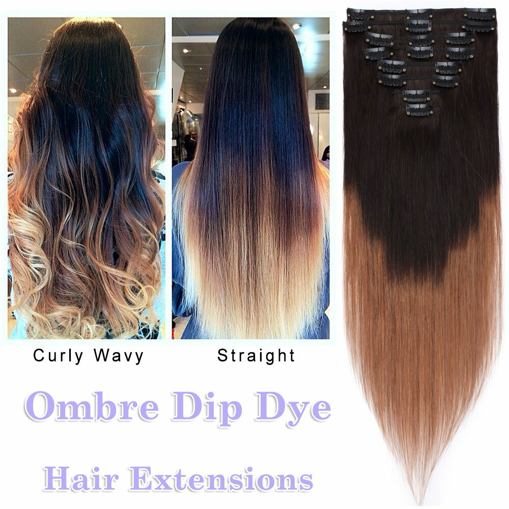 Long 8Pcs Clip in Real Thick as Human Hair Extensions Full Head Dark Ombre US YT