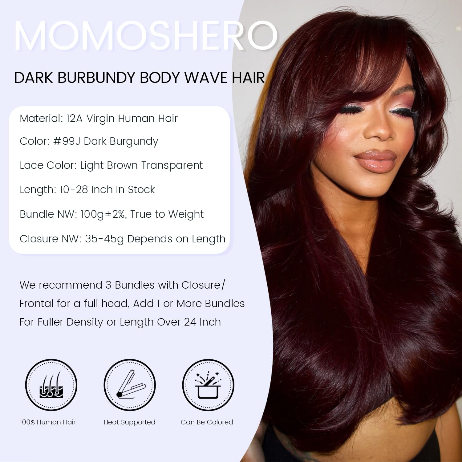 Momoshero 99J Dark Burgundy Body Wave 3 Bundles Human Hair 2X6 Kim K Lace