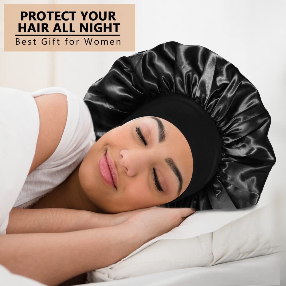 3PCS Extra Large Satin Bonnets for Sleeping, 5-6, C-black, Rose Gold, Leopard