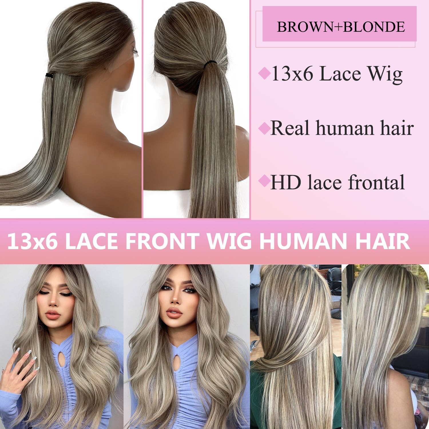 Valiilo 13X6 Ash Blonde Lace Front Wig Human Hair 24 Inch Ombre Brown Blonde