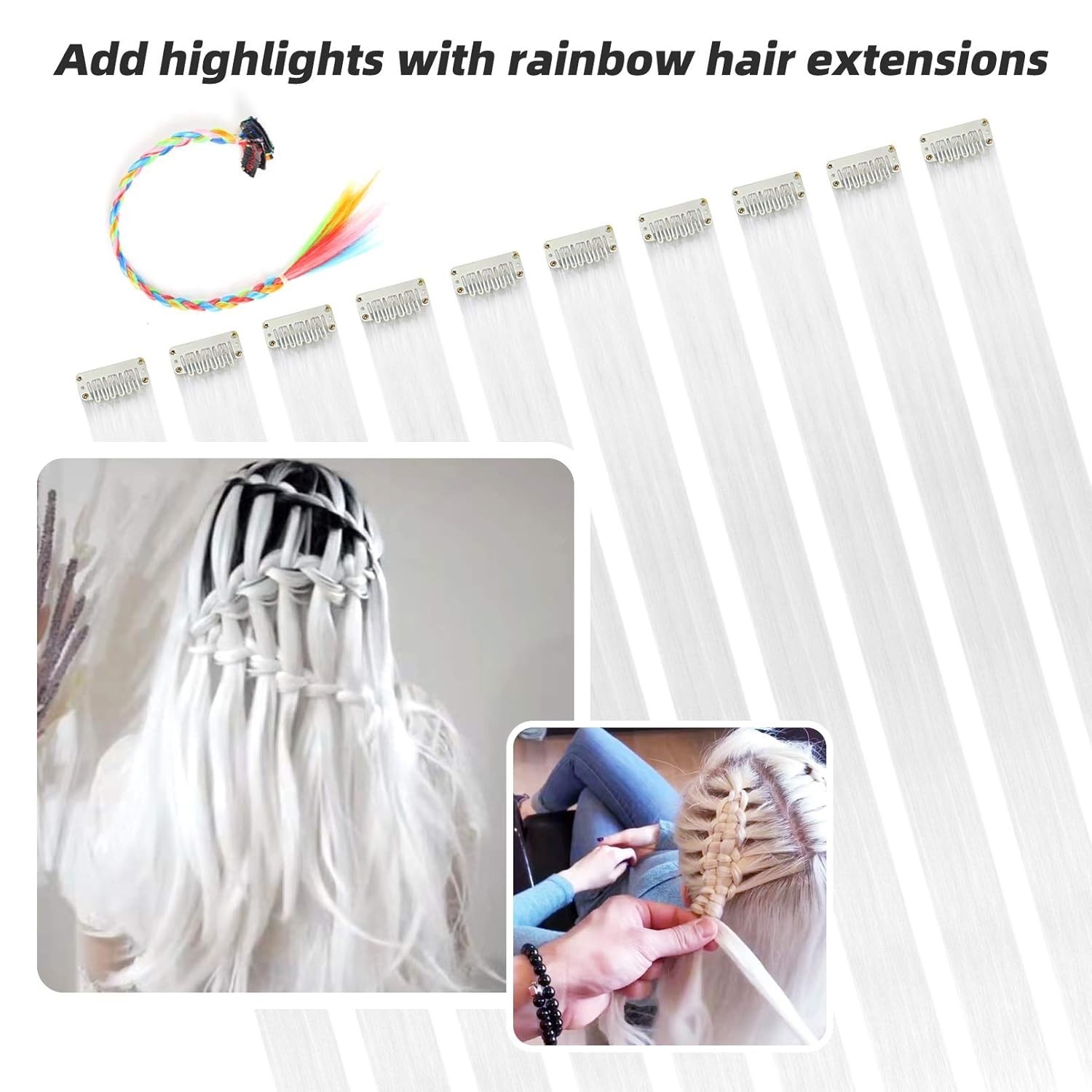 White Hair Extensions Clip in, 22 Inch 10 Pcs 22 Inch (Pack of 10) 10PCS-White