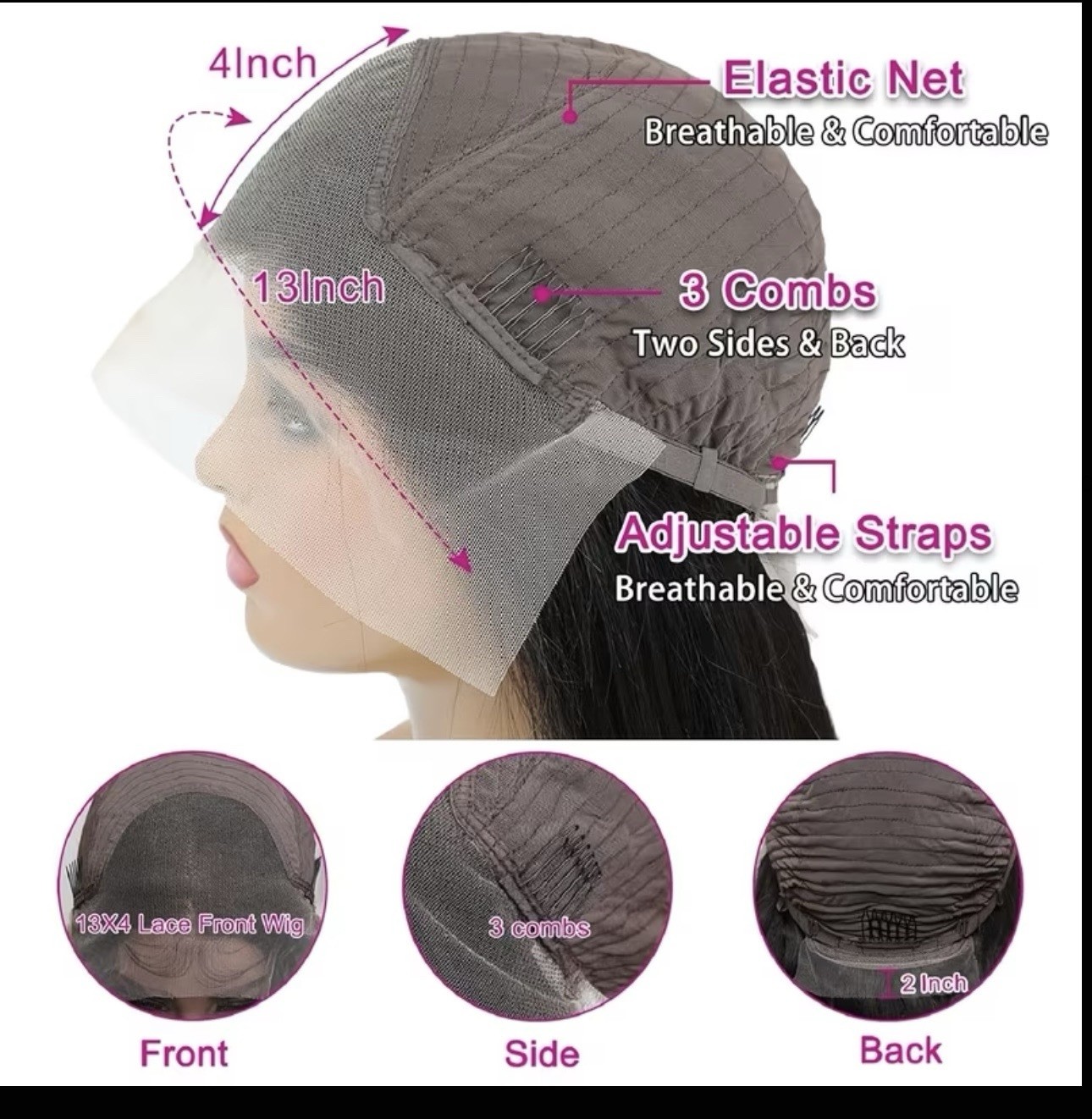 18 Inch Straight Black Human Hair Lace Front Wig, 3 Combs, Adjustable Straps