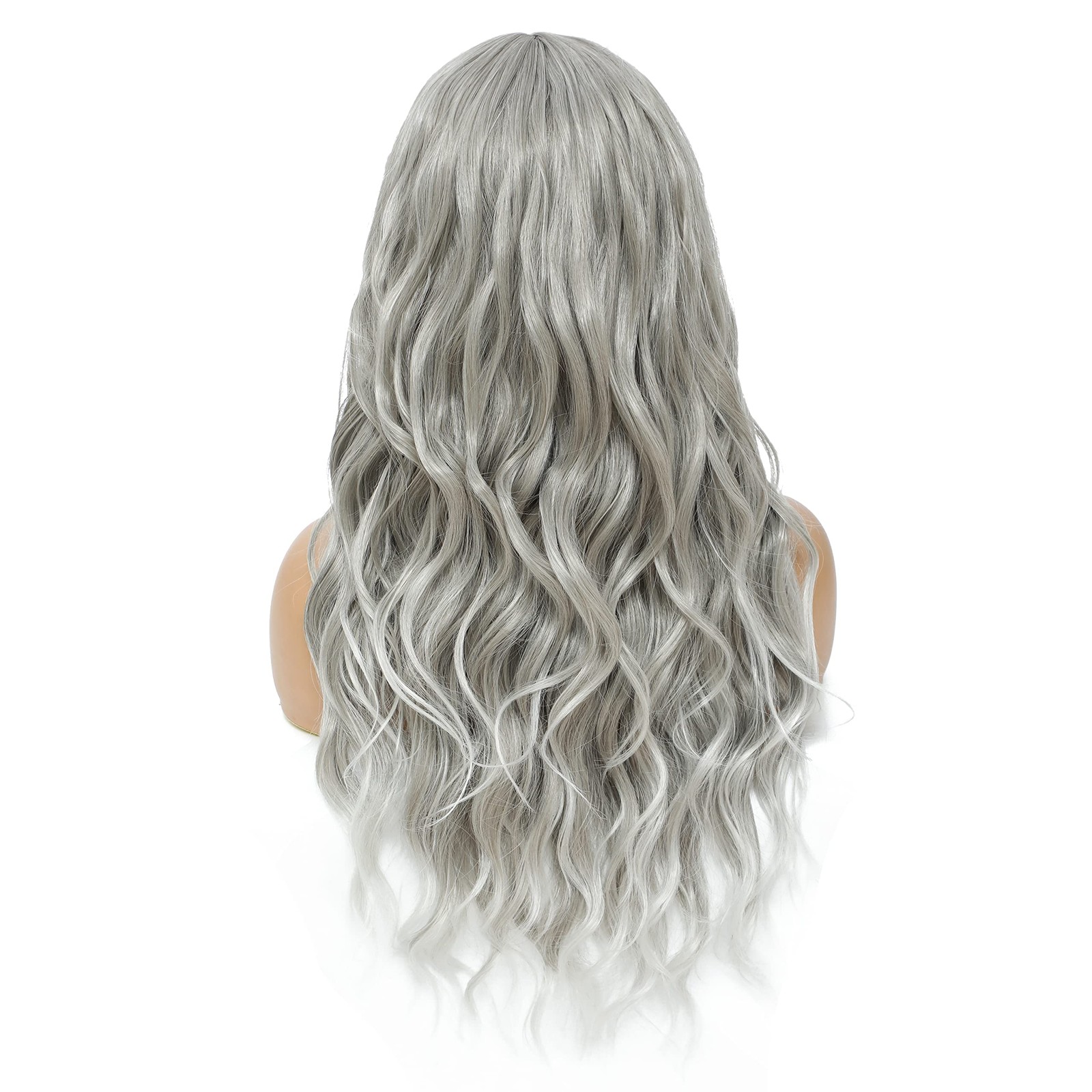 Long Curly Wavy Wig with Bangs Synthetic Hair Wig for Women with Wig Cap (Gre…