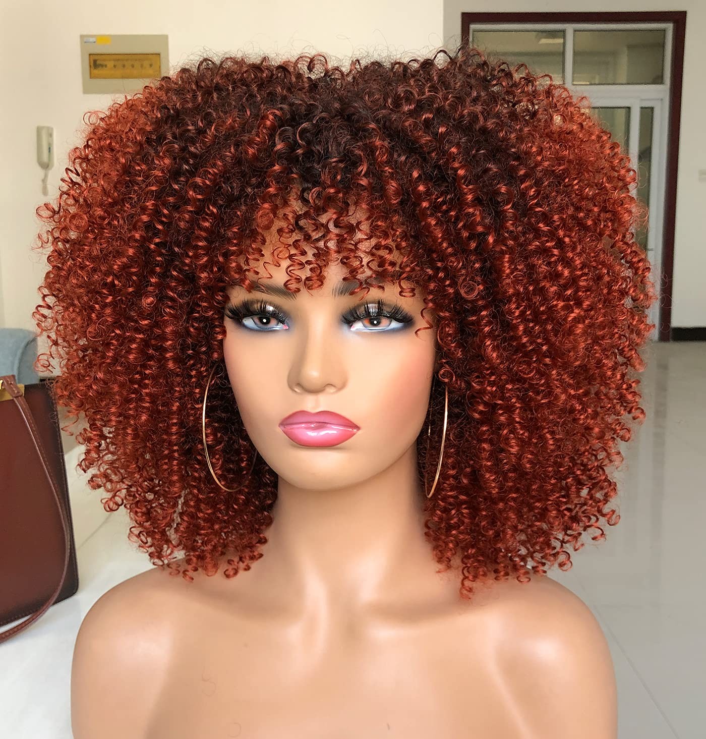 Ombre Brown Curly Wigs for Black Women 14 Inch Short Afro Curly Wig with Bangs G