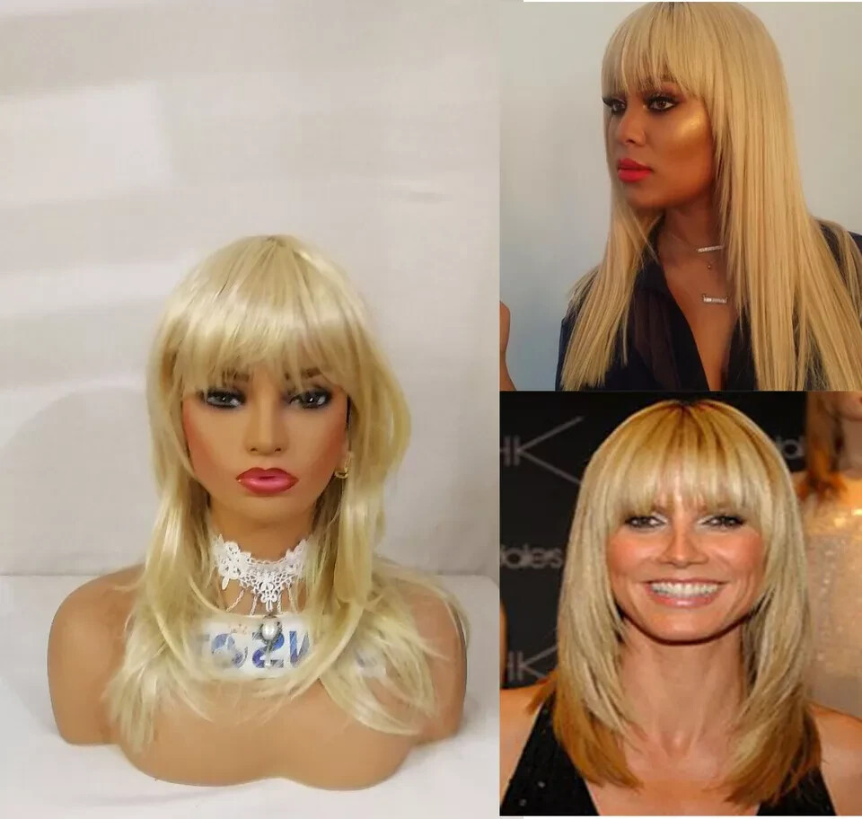 Women/Men Unisex Medium Long Light Blonde Full Wig Synthetic Hair Cosplay Wig