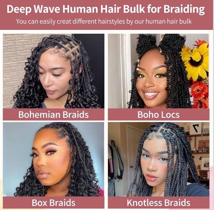 2 Bundles 20” Deep Wave Human Braiding Hair 100g 10A Brazilian Virgin Wet & Wavy