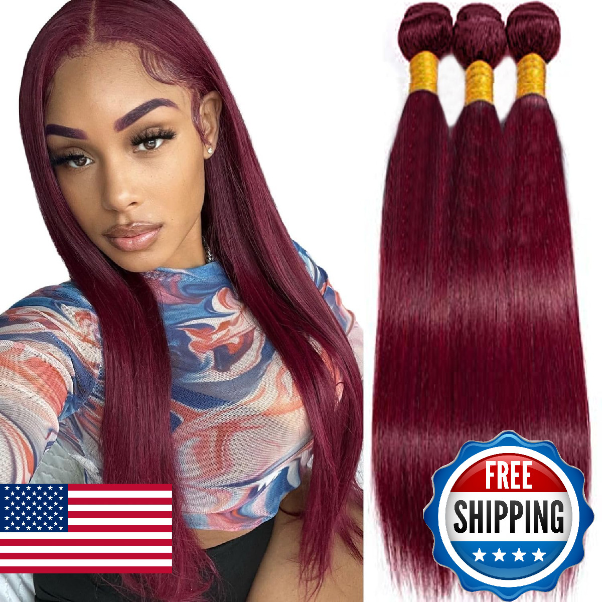 Xddnamei Brazilian Virgin Human Hair Bundles 99J-Burgundy-Straight Wave Bundles