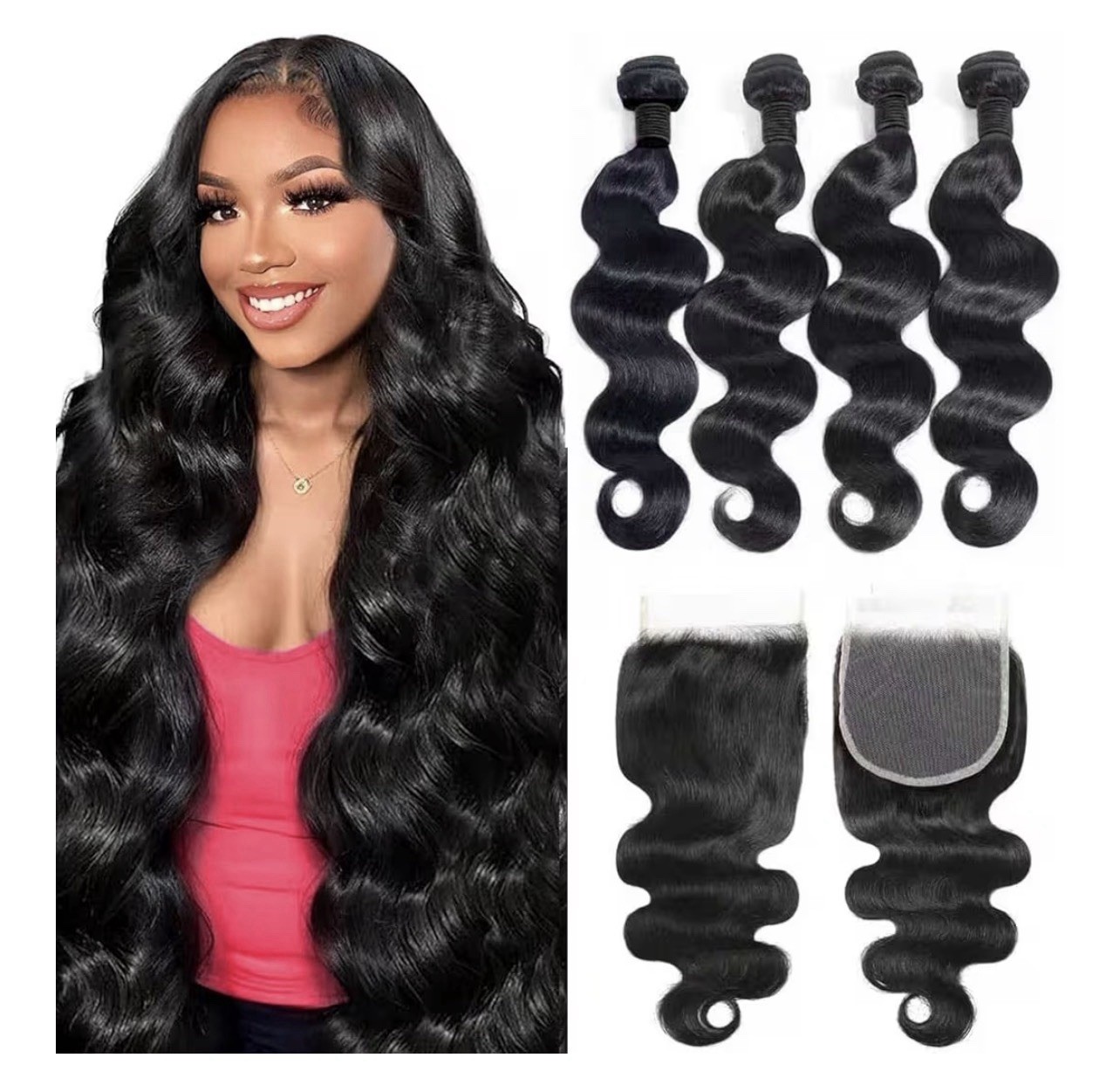 12A Human Hair Bundles with Closure, 18 20 22 24 +16in Brazilian Virgin Hair