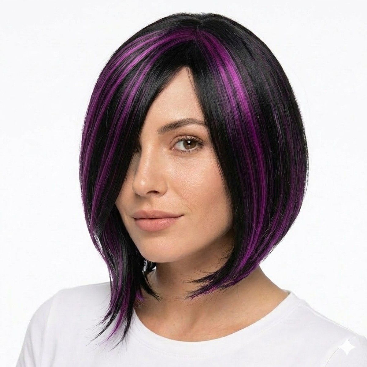 Women’s Black Purple Mix Short Straight Bob Wigs Side Bangs Synthetic Party Wig