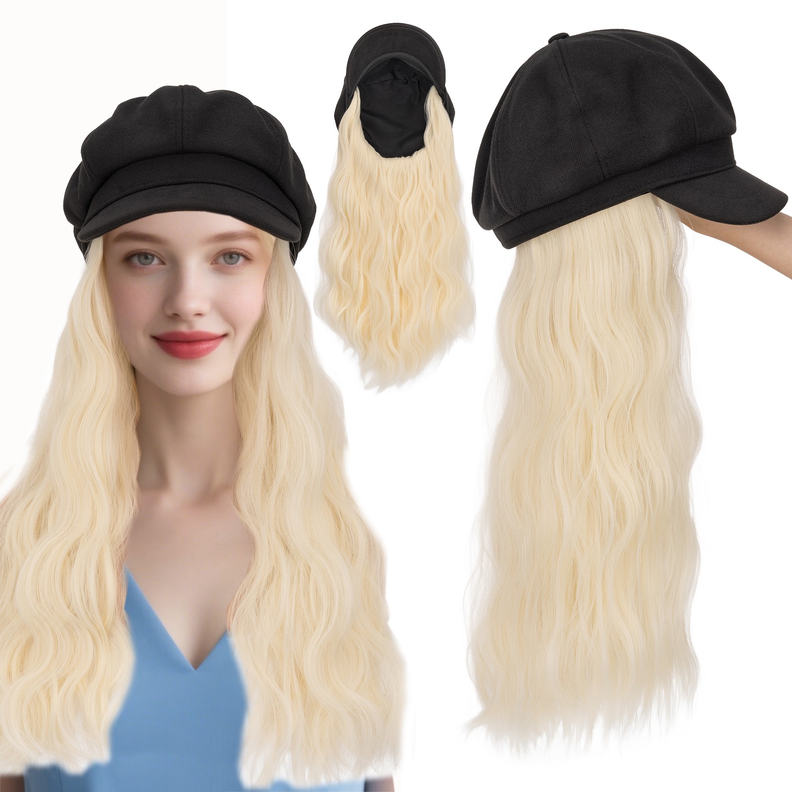 Women Beret Newsboy Hat Cap with 18″ Wavy Synthetic Hair Extensions Hairpiece US
