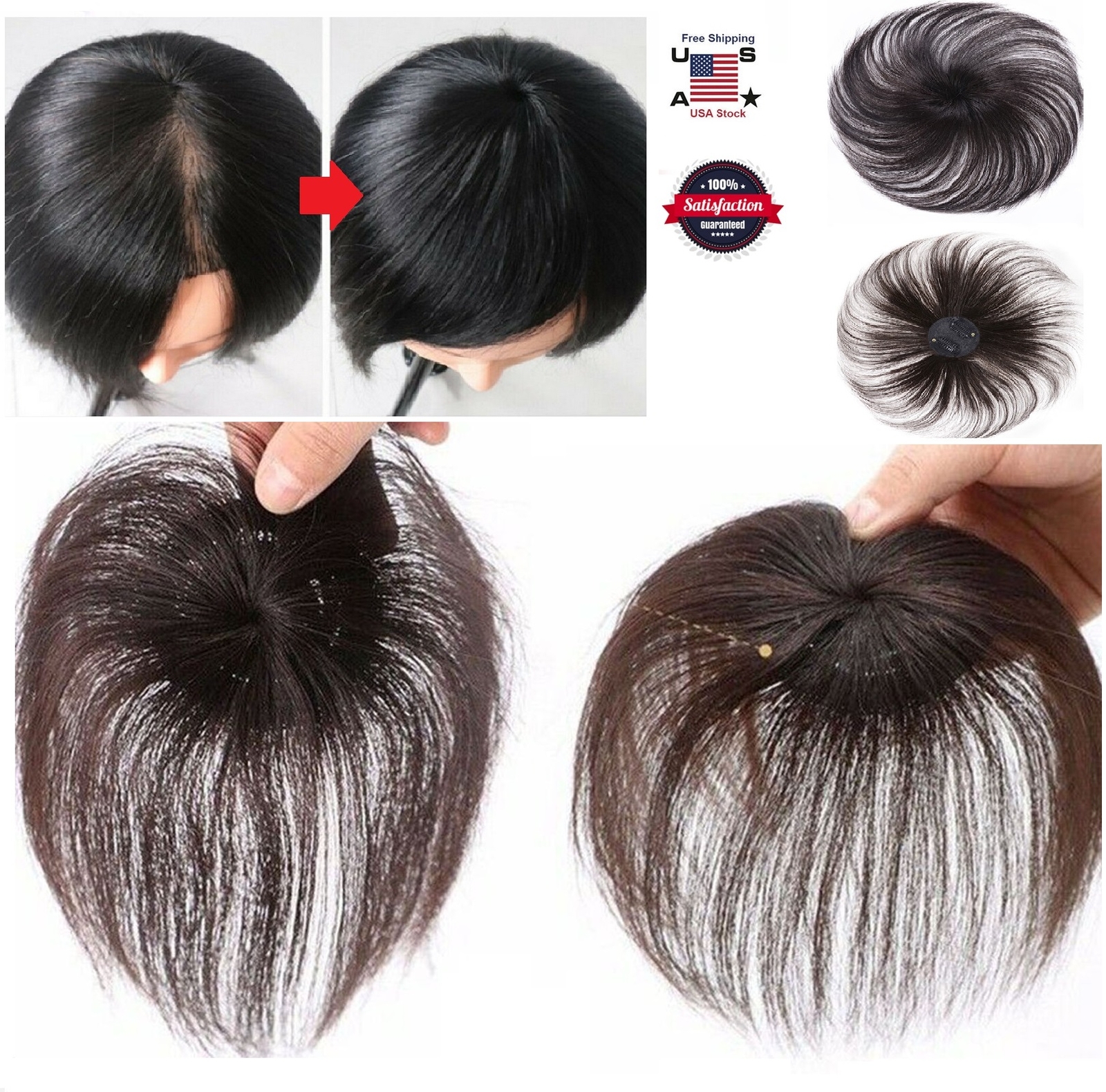 100% Human Hair Topper Clip in Hairpiece Wig Toupee Top Pieces Women Wigs USA