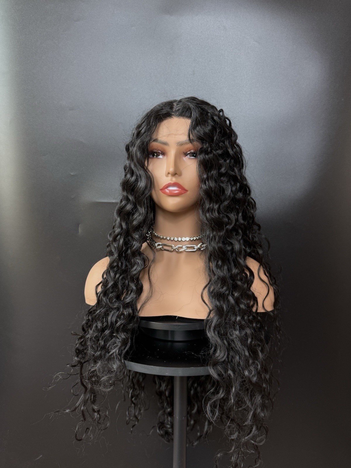 Black Wig Faux Lace 26 Inches Long Middle Part Spiral Curly