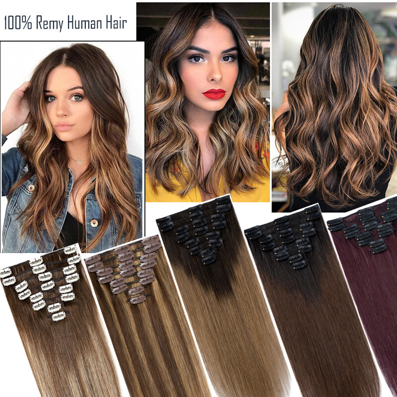 Clip In Extensions Clip On 100% Real Human Hair Extensions Full Head Balayage US