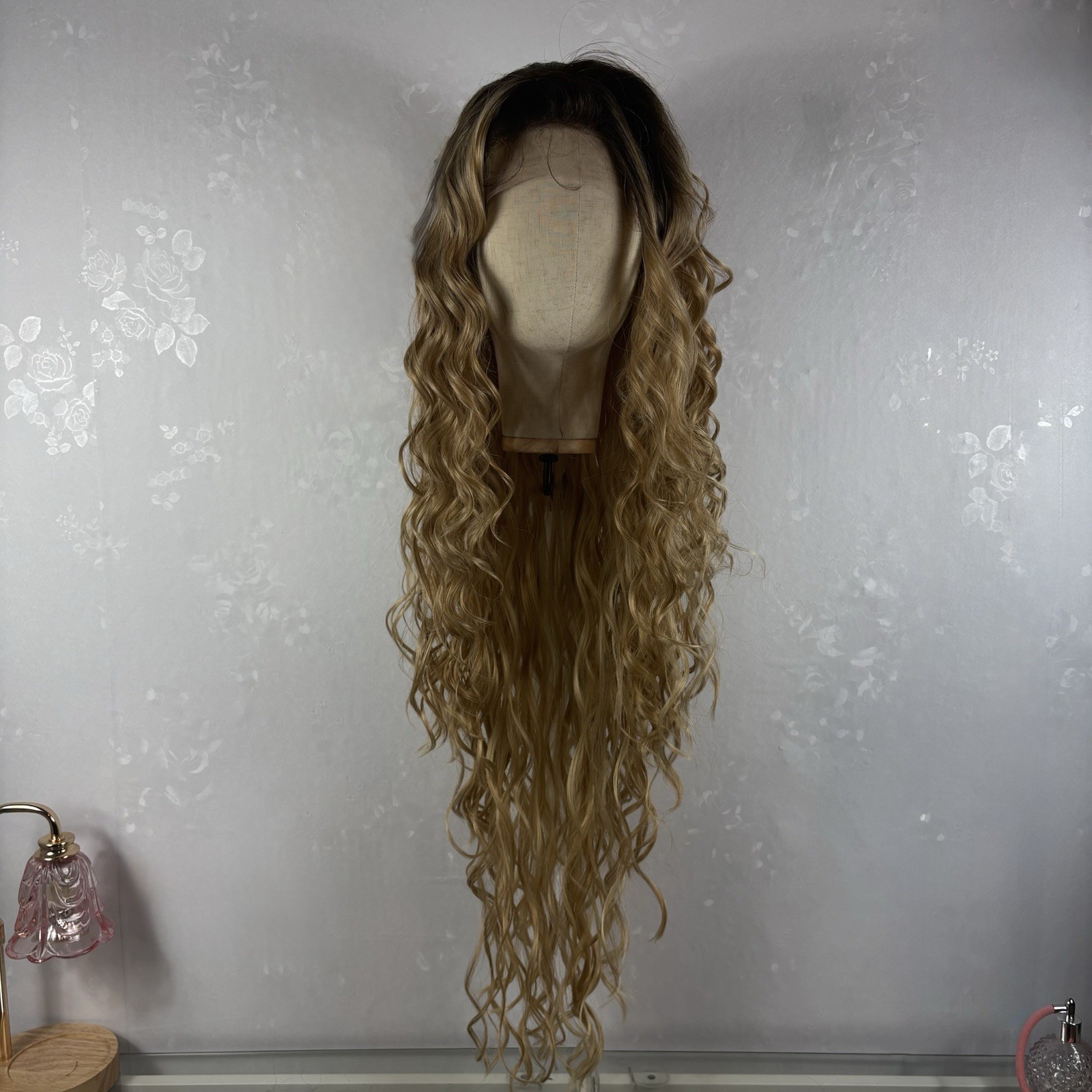Daily wear 360 lace updo WIG! 36” long curly ombre honey Blonde Human Hair Blend