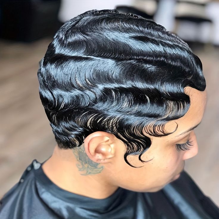 Short Finger Wave Wig Human Hair Wig L Part Lace Front Wig Short Ocean Wave Wig