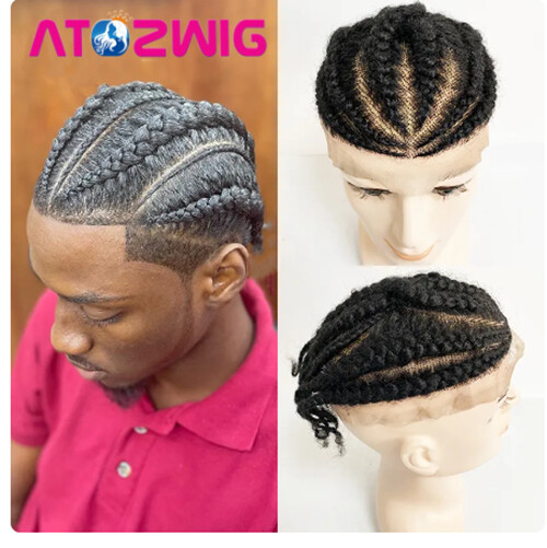 Full Lace Afro Curl Mens Toupee African American Human Black Braids