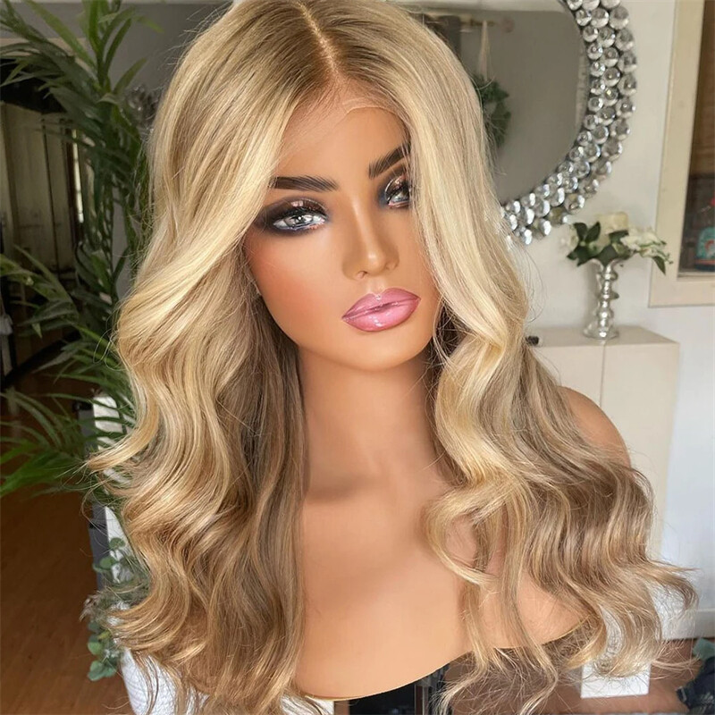 13×4 Lace Front Wigs Ash Blonde with Honey Blonde Highlight Body Wave Human Hair