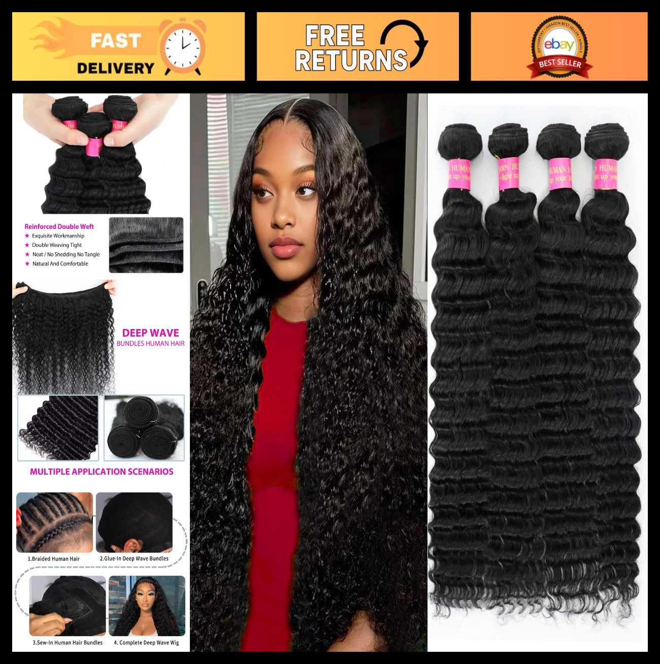 12A Deep Wave Human Hair Extensions 22-28 Inch Curly Bundles 100% Unprocessed Vi