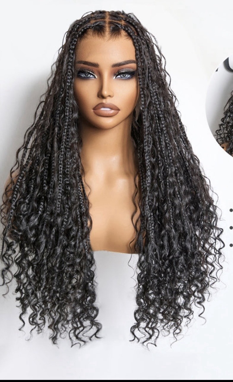 Flexi-Fit Invisi Drawstring Cap Full Lace Knotless Boho Curls Braided Long Wig
