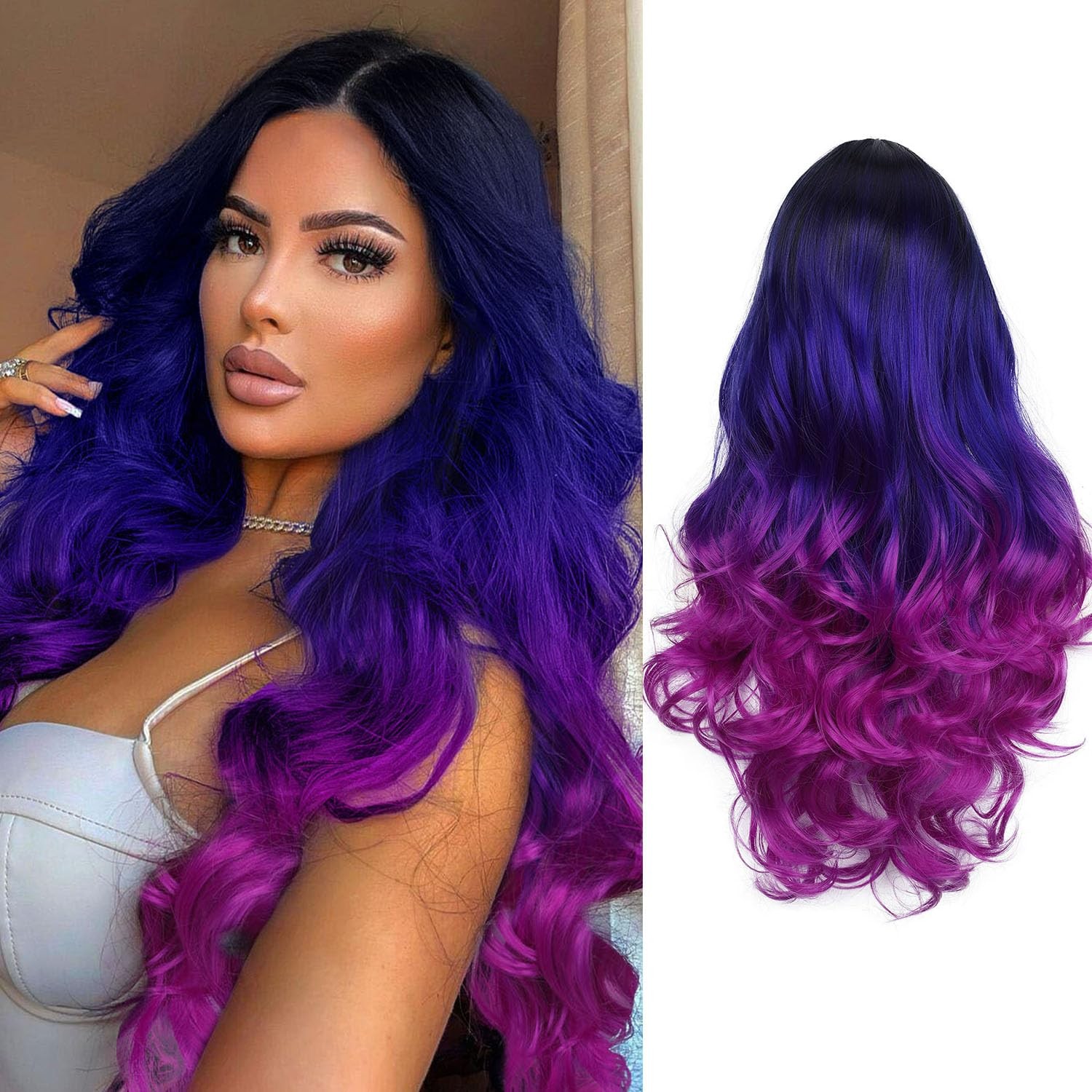 Long Wavy Wig – Black to Blue to Purple Ombre Color, Curly, Rainbow, Middle P…
