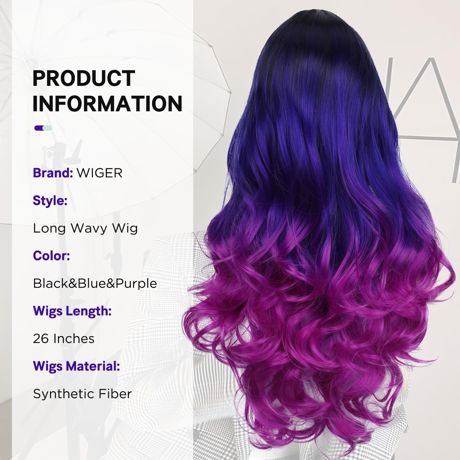 Long Wavy Wig – Black to Blue to Purple Ombre Color, Curly, Rainbow, Middle P…